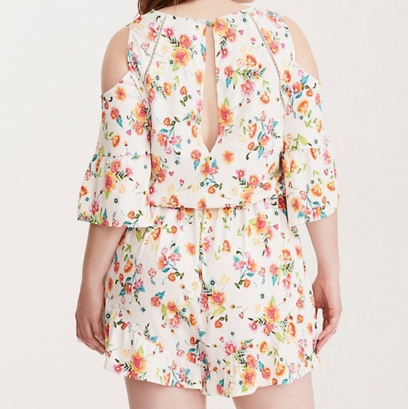 Sz 4 torrid floral cold shoulder ruffle romper - Picture 2 of 5